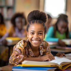 Young African-American girl smiles as she reads through her textbook during class - Generative AI
