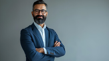 Proud confident bearded indian business man investor, rich ethnic ceo, corporate executive, professional lawyer banker, male office employee standing isolated on gray with arms crossed. Portrait - obrazy, fototapety, plakaty