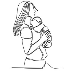 Mother breastfeeding newborn baby one line art colorful elements. Continuous line drawing of newborn, motherhood, family, love, child, breastfeeding, healthy lifestyle