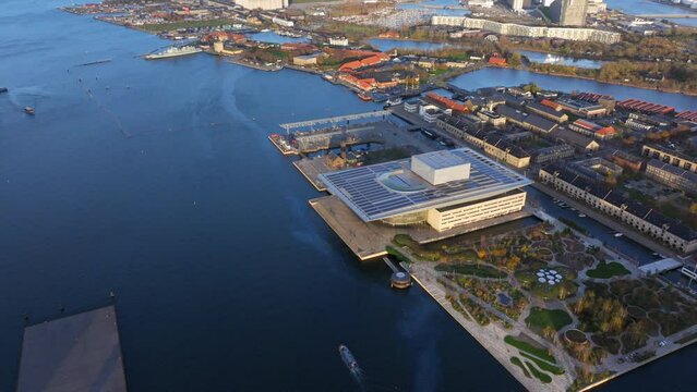 Circling aerial shot over Copenhagen Opera House