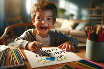 Happy little boy with brown hairs drawing a  card with wishes for grandparents for grandmother and granddad day