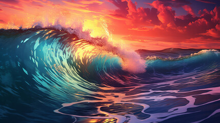 ocean wave sunset sea surfing background with dramatic sky