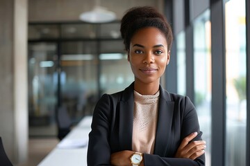 Confident smiling young professional business woman ceo corporate leader, female African American lawyer or leader manager wearing suit standing arms crossed in office, headshot, Generative AI 