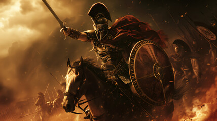 A spartan riding a horse and carrying a shield and sword in a war