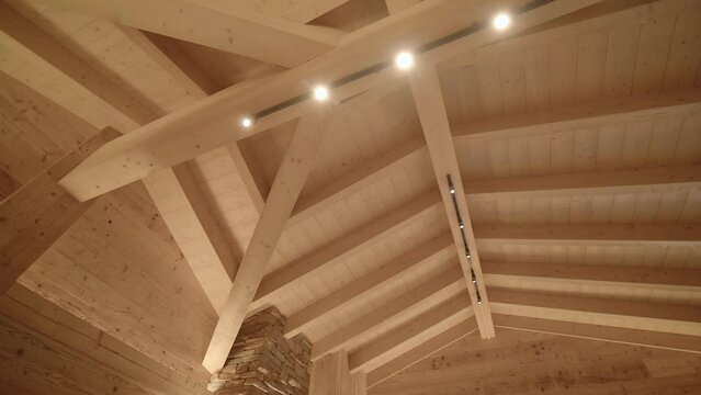 Architectural modern woodwork timber framed wooden clad ceiling LOW ANGLE 