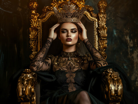 surreal fashion. A portrait beauty queen with a crown on the throne in golden black color.