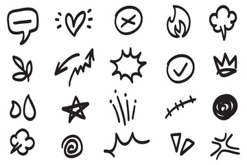 Vector set of hand-drawn cartoony expression sign doodle, curve directional arrows, emoticon effects design elements, cartoon character emotion symbols, cute decorative brush stroke lines. - obrazy, fototapety, plakaty
