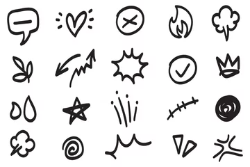 Tuinposter Vector set of hand-drawn cartoony expression sign doodle, curve directional arrows, emoticon effects design elements, cartoon character emotion symbols, cute decorative brush stroke lines. © dadan