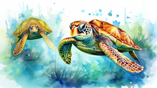 sea turtles on a white background watercolor drawing