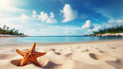 Fototapeta na wymiar starfish and seashell on the summer beach in the water on bright day