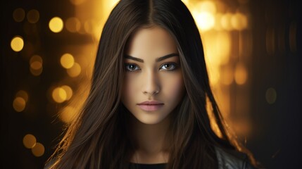 Fototapeta premium Photorealistic Teen Latino Woman with Brown Straight Hair Futuristic Illustration. Portrait of a person in cyberpunk style. Cyberspace Ai Generated Horizontal Illustration.