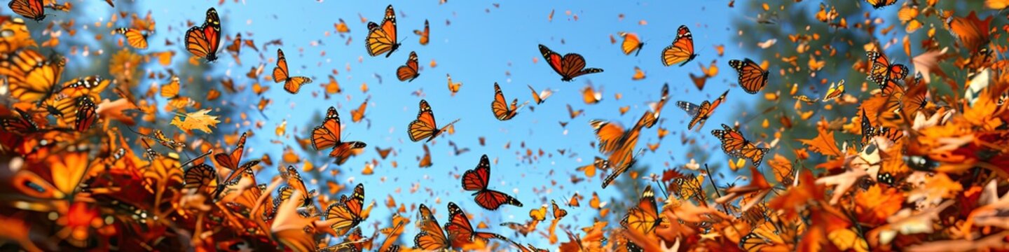 Panoramic View of Autumn Forest with Flying Butterflies