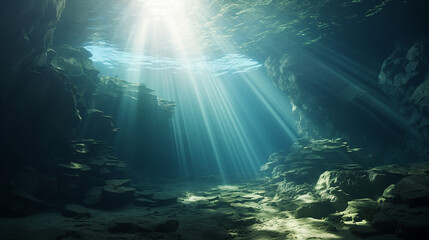 beautiful underwater scene with sunlight into the underwater cave