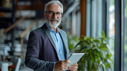 Older smiling business man holding tablet standing in office. Middle aged happy businessman manager investor using tab computer, mature male executive looking at camera at work. Portrait