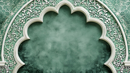 Luxurious Arabic background with stylish white and green patterns and ornate arch frame - obrazy, fototapety, plakaty
