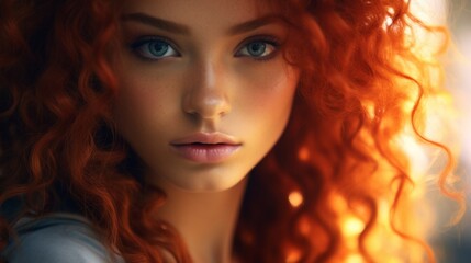 Fototapeta premium Photorealistic Teen Latino Woman with Red Curly Hair Futuristic Illustration. Portrait of a person in cyberpunk style. Cyberspace Ai Generated Horizontal Illustration.