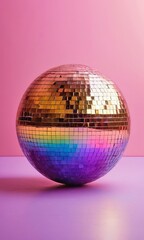 Abstract retro 80s and 90s concept. Disco or mirror ball with rainbow on bright colorful background with lights. Music and dance party background. Fashionable party symbol.