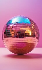 Abstract retro 80s and 90s concept. Disco or mirror ball with rainbow on bright colorful background with lights. Music and dance party background. Fashionable party symbol.
