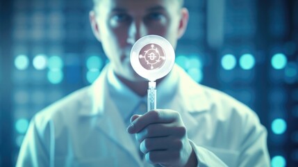 A closeup shot of a scientist in a lab coat holding a test tube with an embryonic sample, with a thought bubble above their head depicting a question mark and the words Is embryo use in farming