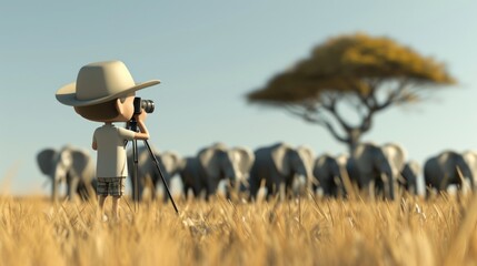 Cartoon digital avatar of a male documentary filmmaker wearing a safari hat and recording footage of a herd of elephants in the African savannah.