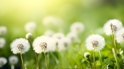 Nature Spring Dandelion Blur Bokeh Background With Sunlight