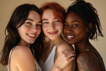 Three happy cool pretty gen z girls looking at camera posing for beauty portrait, multiethnic smiling positive young women, multicultural hipster models inclusive faces isolated, Generative AI
