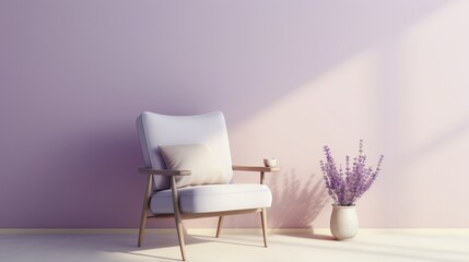 Fototapeta na wymiar Lavender serenity: tranquil chair and table set on soft lilac background – peaceful home decor