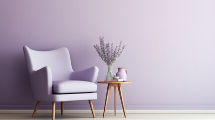 Lavender serenity: tranquil chair and table set on soft lilac background – peaceful home decor