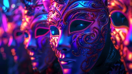 Foto auf Acrylglas Karneval Vibrant neon masks against a dark carnival backdrop
