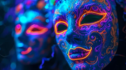 Crédence de cuisine en verre imprimé Carnaval Vibrant neon masks against a dark carnival backdrop