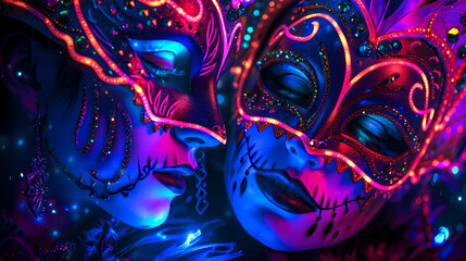 Vibrant neon masks against a dark carnival backdrop