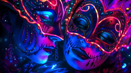 Badkamer foto achterwand Carnaval Vibrant neon masks against a dark carnival backdrop