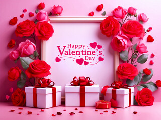 Happy Valentines Day greeting card with gifts