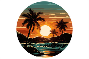 beautiful sunset beach sticker vector,  Sunset beach vector illustration for t shirt ,