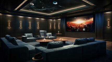 Premium home theater: tiered seating, surround sound, and immersive cinema – your gateway to unmatched cinematic comfort - obrazy, fototapety, plakaty