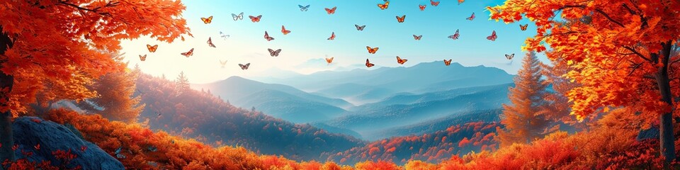 Panoramic Autumn Landscape with Flying Butterflies - obrazy, fototapety, plakaty