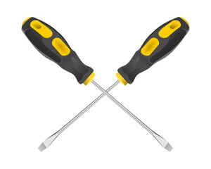 Crossed screwdriver illustration isolated on white background. Illustration of Yellow Screwdriver. 