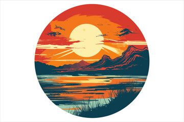 beautiful sunset beach sticker vector,  Sunset beach vector illustration for t shirt ,
