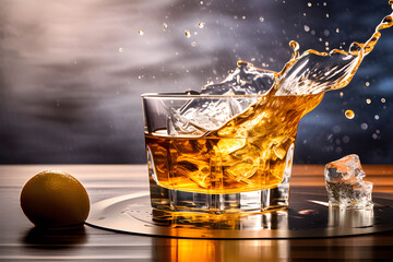 Whisky's liquid splashes and puffs: A detailed still life set on a bar shelf generative ai
 - obrazy, fototapety, plakaty