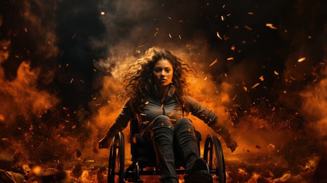 Explosive start of young disabled woman athlete on wheelchair on indoor sport stadium.