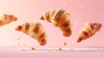 Flying croissants on pastel pink background. French breakfast concept