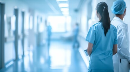 Fototapeta premium Nurse and doctor walking in hospital corridor,selective focus.