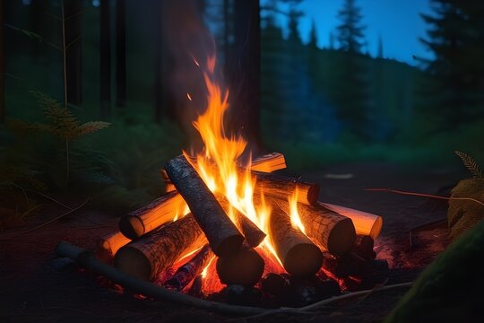 Portrait of a beautiful campfire in the middle of the forest at night, background image, generative AI