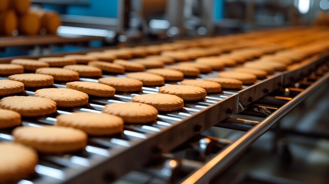 Close-up of freshly baked cookies on a conveyor belt in a bakery