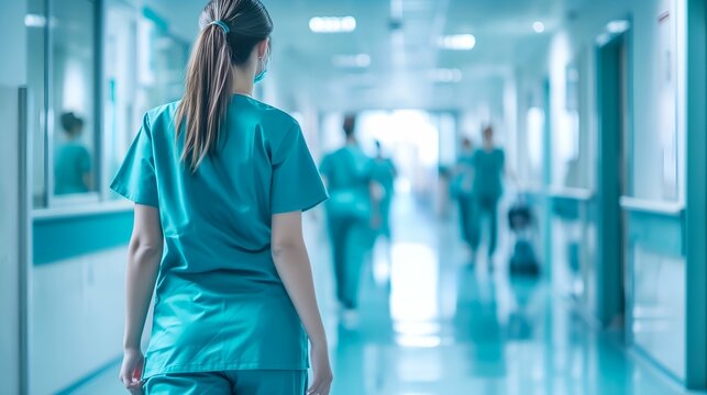 Rear View Of A Female Doctor Walking In The Corridor Of A Hospital