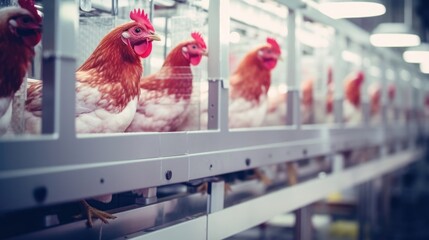 Inside the massive automated coops, feathered inhabitants move about freely in their designated areas, part of the highly efficient operation of this industrial poultry farm. - obrazy, fototapety, plakaty