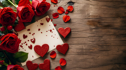 Valentine's day card or banner with red roses and rose petals with free space and place for text on wooden background