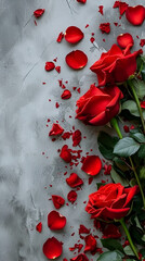 Valentine's day card or banner with red roses and rose petals with free space and place for text on gray background