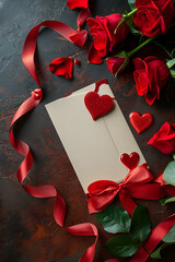 Valentine's day card or banner with red roses and rose petals with free space and place for text on a dark background