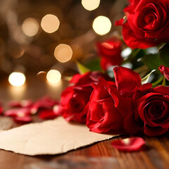 Valentine's day card or banner with red roses and rose petals with free space and place for text on a dark background